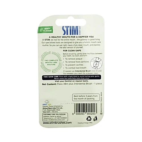 Stim Minty Flavour Dental Floss with Interdental Brush, showing the floss packaging and interdental brush for oral hygiene.