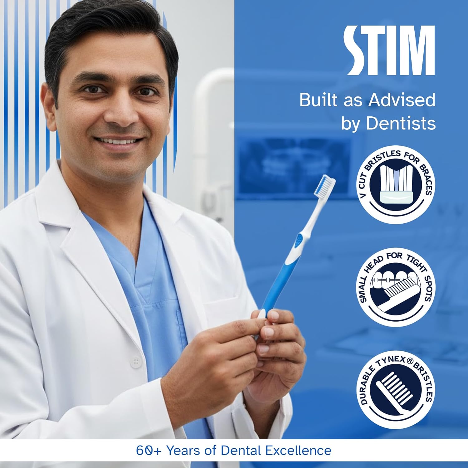 Manual STIM Ortho MB Toothbrush designed for braces, featuring a small head and soft bristles for effective cleaning around orthodontic appliances.