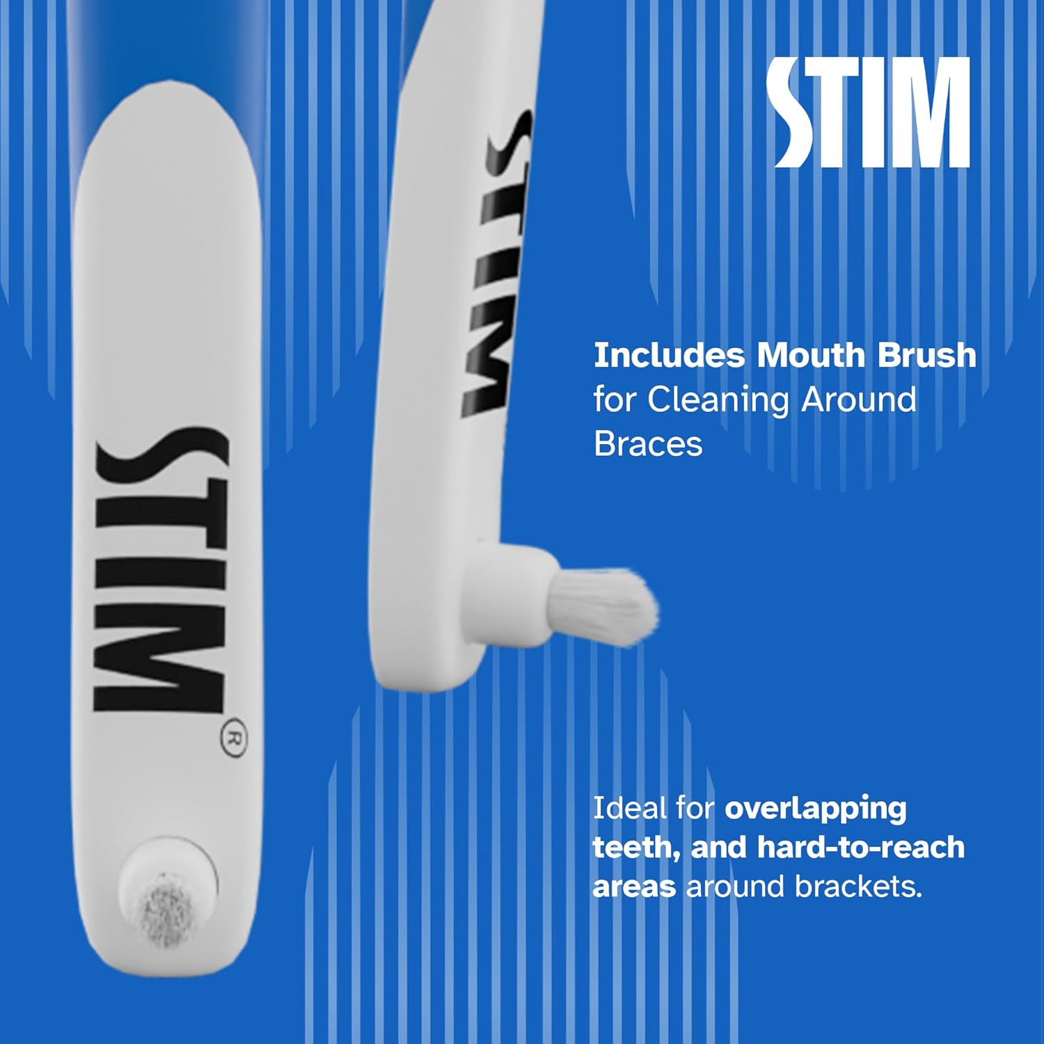 STIM Ortho MB manual toothbrush designed for braces, with angled bristles for effective cleaning around orthodontic appliances.