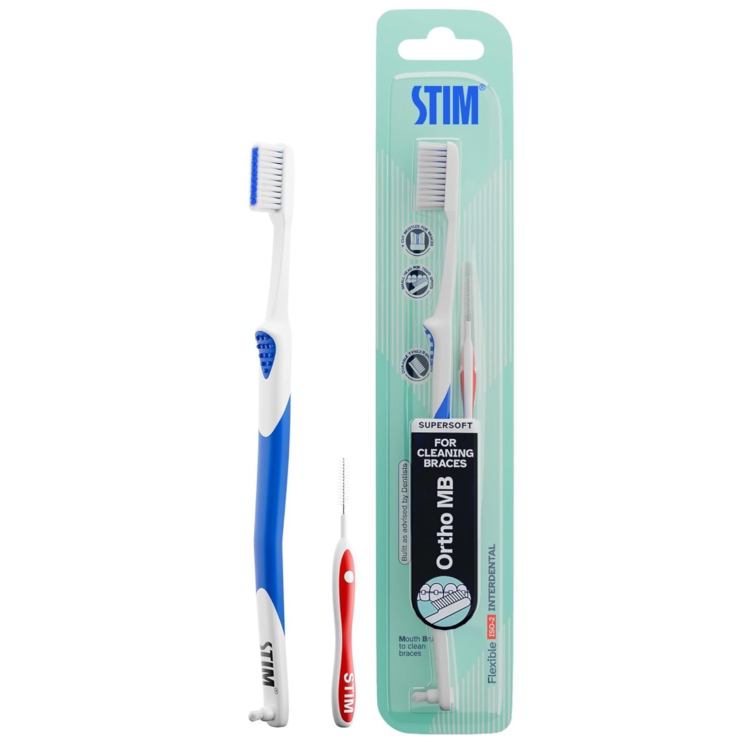 STIM Ortho MB manual toothbrush for braces with angled bristles and ergonomic handle, designed for effective cleaning around orthodontic appliances.