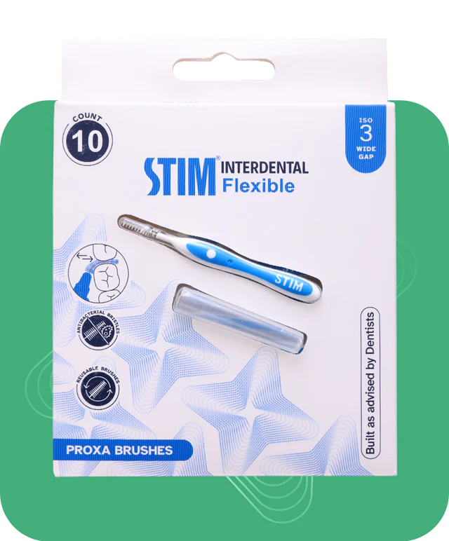 Stim Interdental Flexible Proxa Brushes in retail packaging, featuring a blue and silver manual interdental cleaning brush and a clear protective case on a white card with blue star graphics.