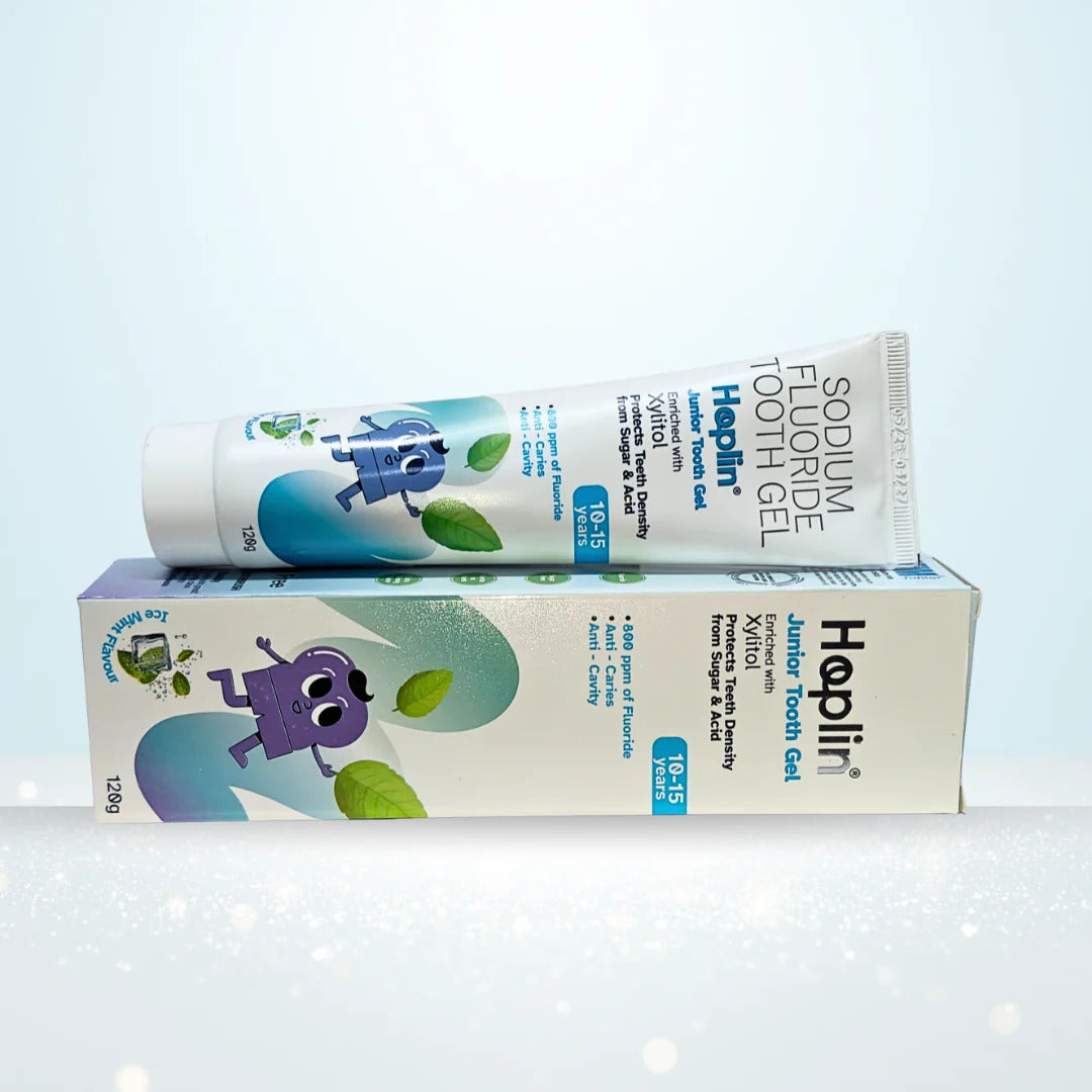 STIM Hoplin Junior toothpaste with toothbrush for ages 10-15, featuring kid-friendly packaging and colorful design.