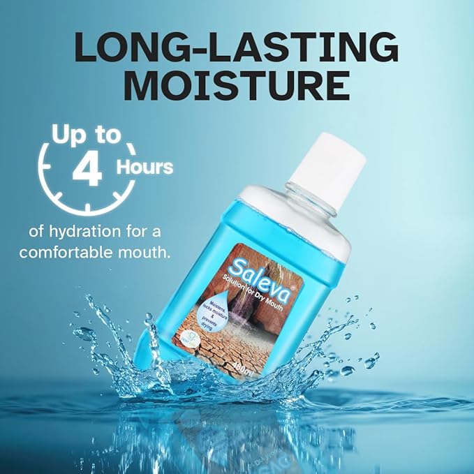STIM Saleva mouthwash for dry mouth in three 480ml bottles, showing the clear liquid and label on the packaging.