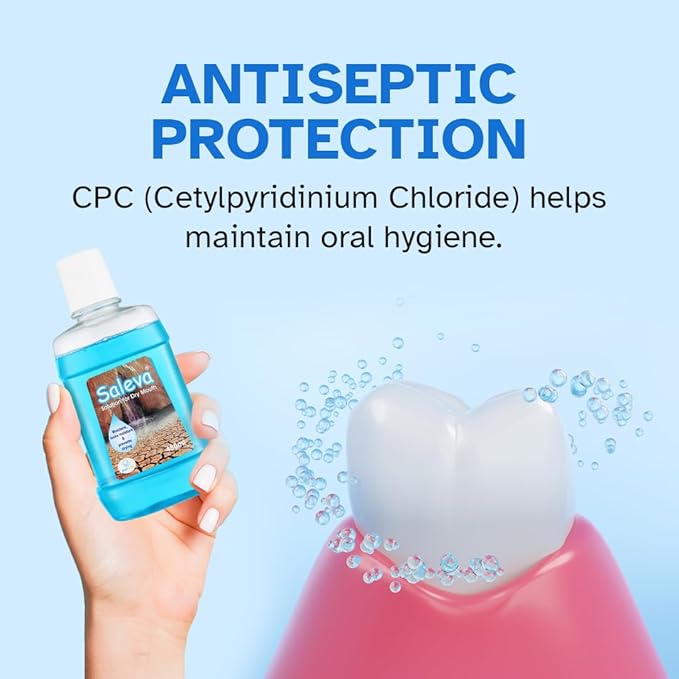 STIM Saleva mouthwash for dry mouth in a 480ml bottle, shown in a pack of three, designed to moisturize and soothe oral dryness.