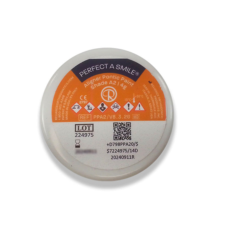 Reliance Orthodontic Ortho Rely Perfect-A-Smile Aligner Pontic Paint Shade 4g tube, showing the adhesive applicator and product packaging.