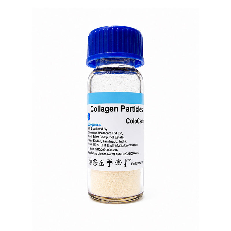 Cologenesis Healthcare Colo Cast de mineralized bone matrix collagen particles in vial packaging for bone grafting procedures.