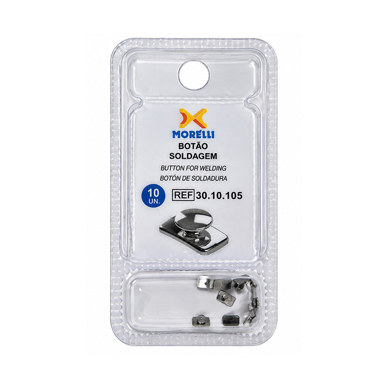 Curved Morelli Weldable Buttons in metal with a shiny finish, designed for secure attachment on clothing and fabric projects.
