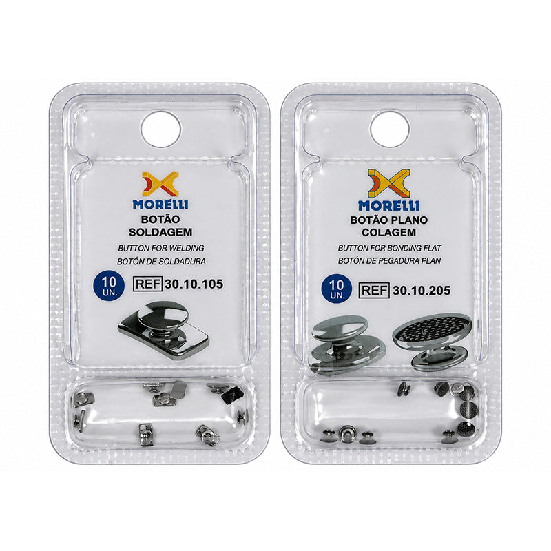 Curved Morelli weldable buttons with a metal finish, designed for sewing and craft projects, shown in close-up detail.