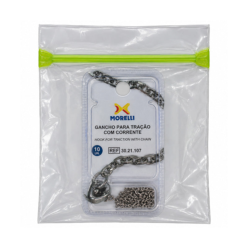 Morelli bondable buttons with chain showing close-up of metal buttons attached to a chain for clothing or accessories.