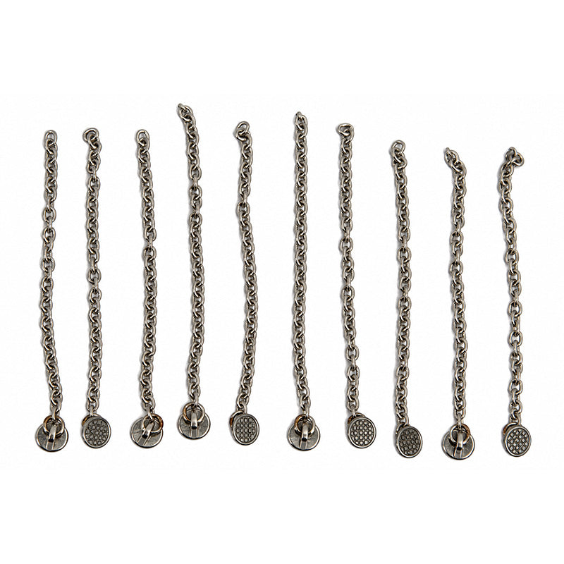 Morelli bondable buttons with chain, small round metal buttons featuring attached chain for clothing or accessories.