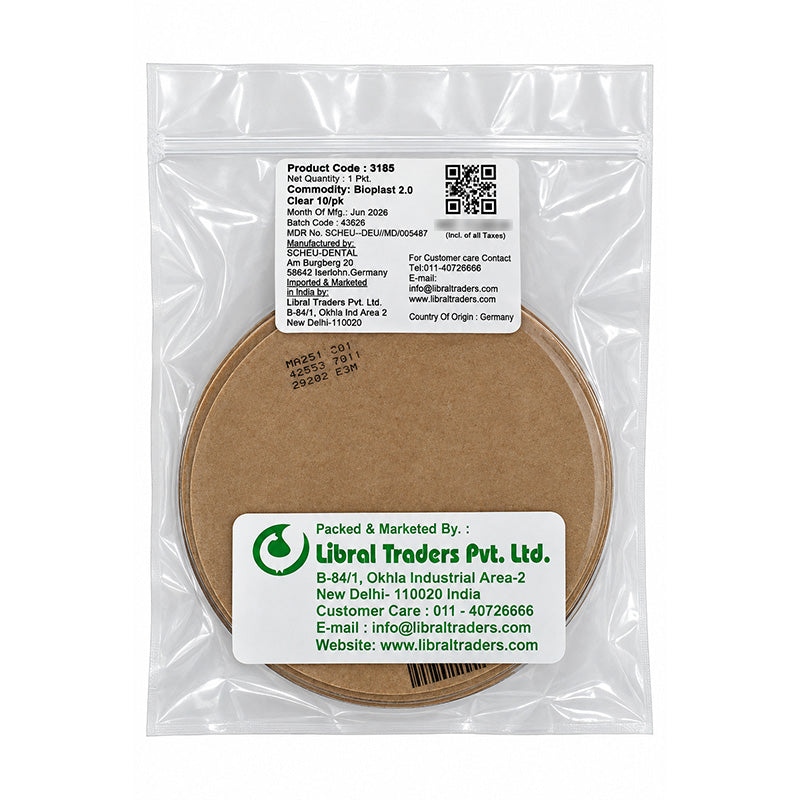 Scheu Bioplast Clear 125 mm soft sheet by Scheu-Dental, showing a transparent flexible dental bioplastic sheet.