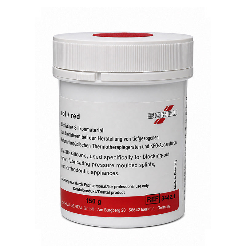 Scheu-Dental Sil-Kitt Red thermoplastic accessory material in 150g package for dental thermoforming applications.