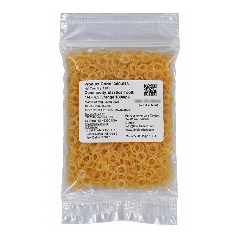 TP Orthodontics plain latex elastics in tooth color, designed for orthodontic use, shown in a close-up image.