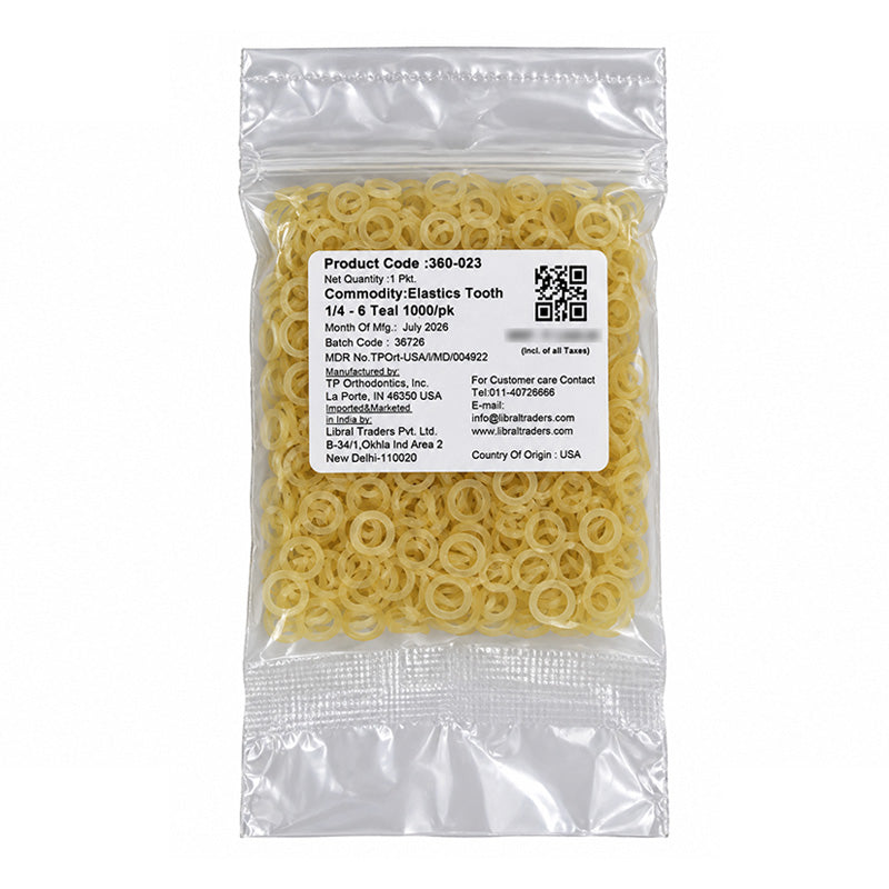 TP Orthodontics plain latex elastics in tooth color, used for orthodontic treatment, shown on a white background.
