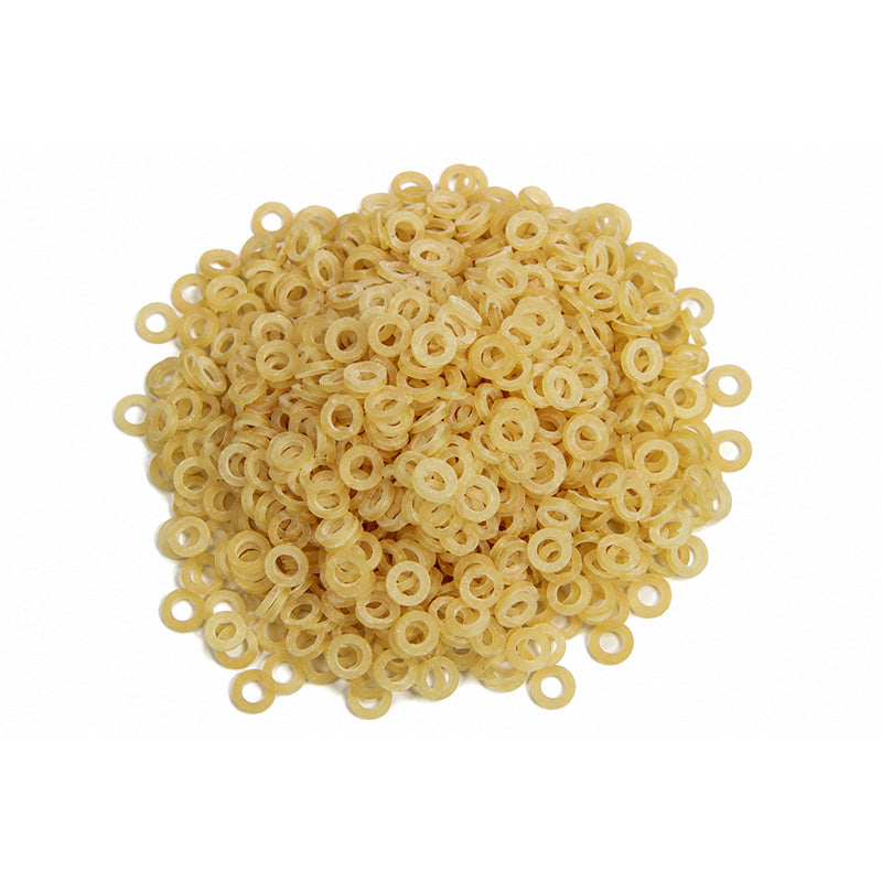 TP Orthodontics plain latex elastics for orthodontic use, showing clear, tooth-colored elastic bands on a white background
