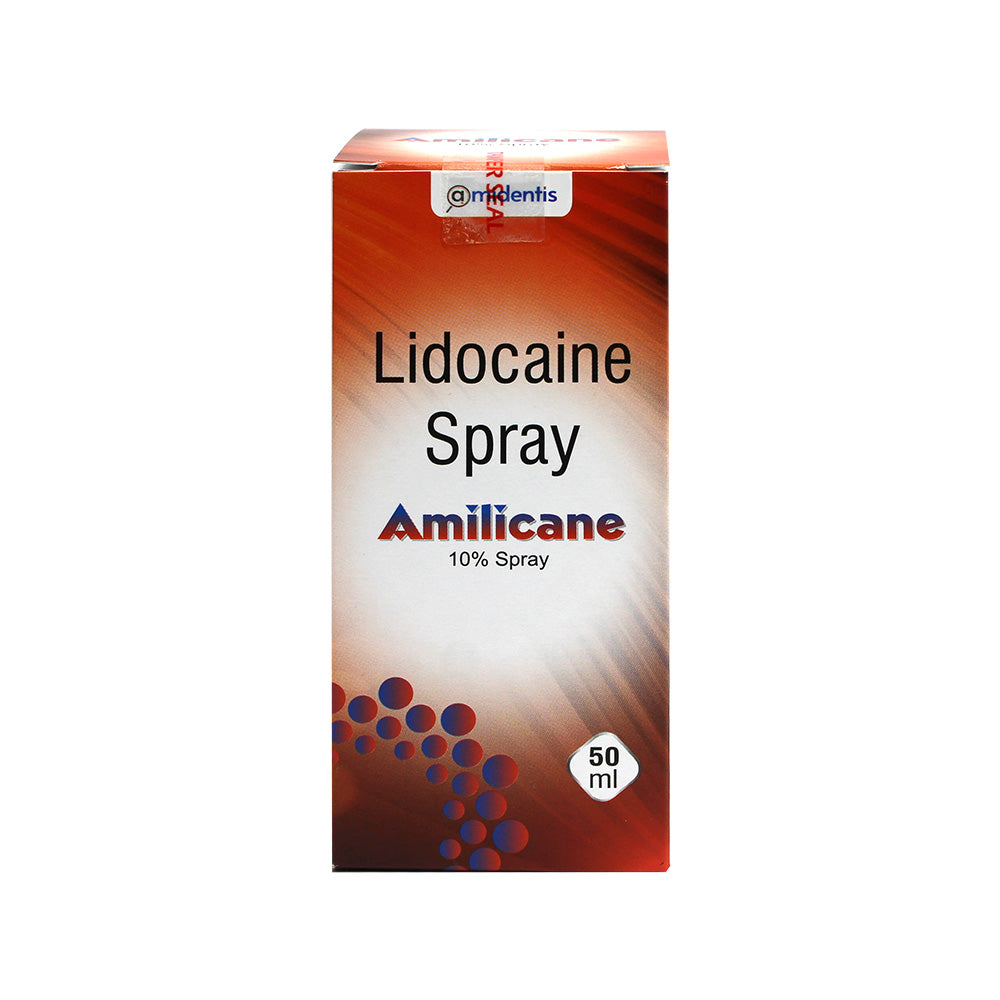 Amidentis Amilicane 10% Lidocaine topical anesthetic spray for dental anesthesia, showing the spray bottle and label.