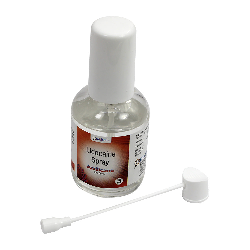 Amidentis Amilicane 10% Lidocaine IP topical anesthetic spray for dental anesthesia, showing the spray bottle and label.