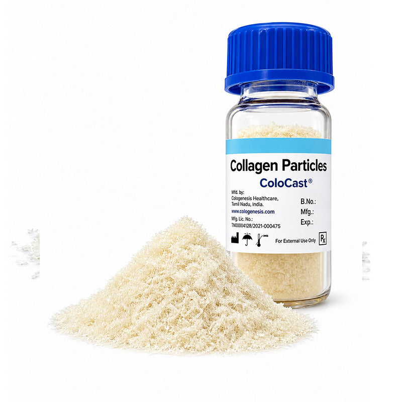 Cologenesis Healthcare Colo Cast mineralized bone matrix collagen particles in vial packaging, used as a bone graft material.
