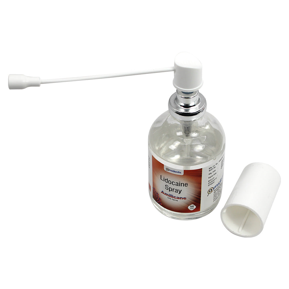 Amidentis Amilicane 10% Lidocaine IP 100 mg dental topical anesthetic spray showing the spray bottle and label.