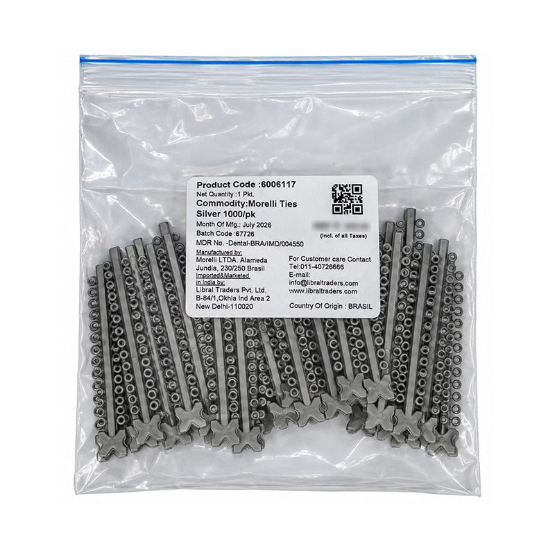 Morelli elastic ligature ties arranged in modules, used for orthodontic appliances, in a close-up view.