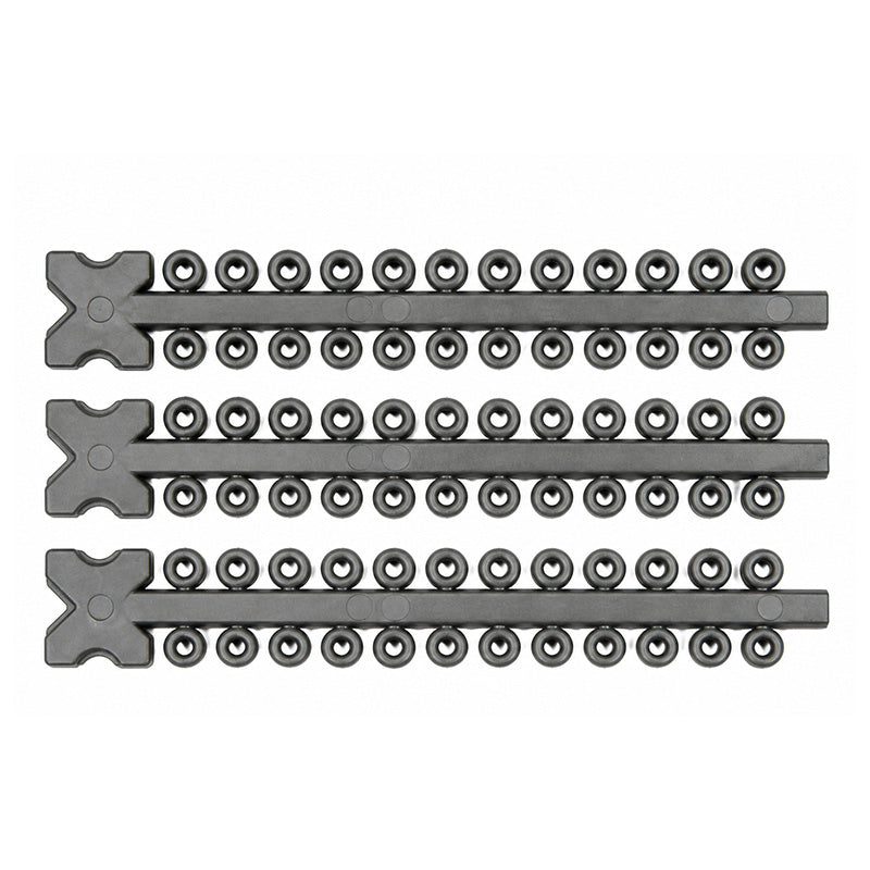 Morelli elastic ligature ties arranged in modules, used for orthodontic dental applications, shown in the image.