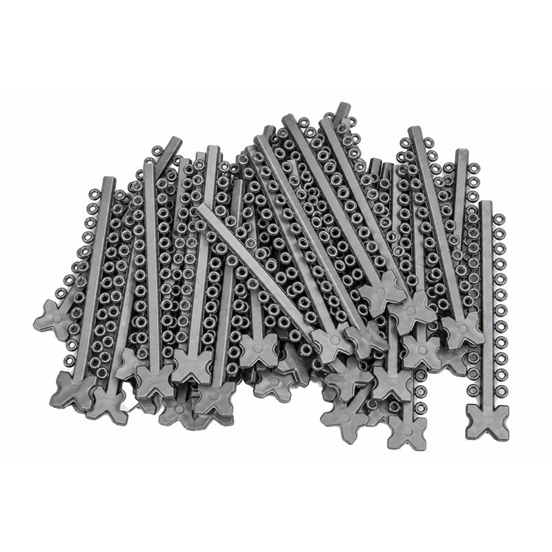Morelli elastic ligature ties in modules, shown in a close-up image, designed for secure orthodontic applications.