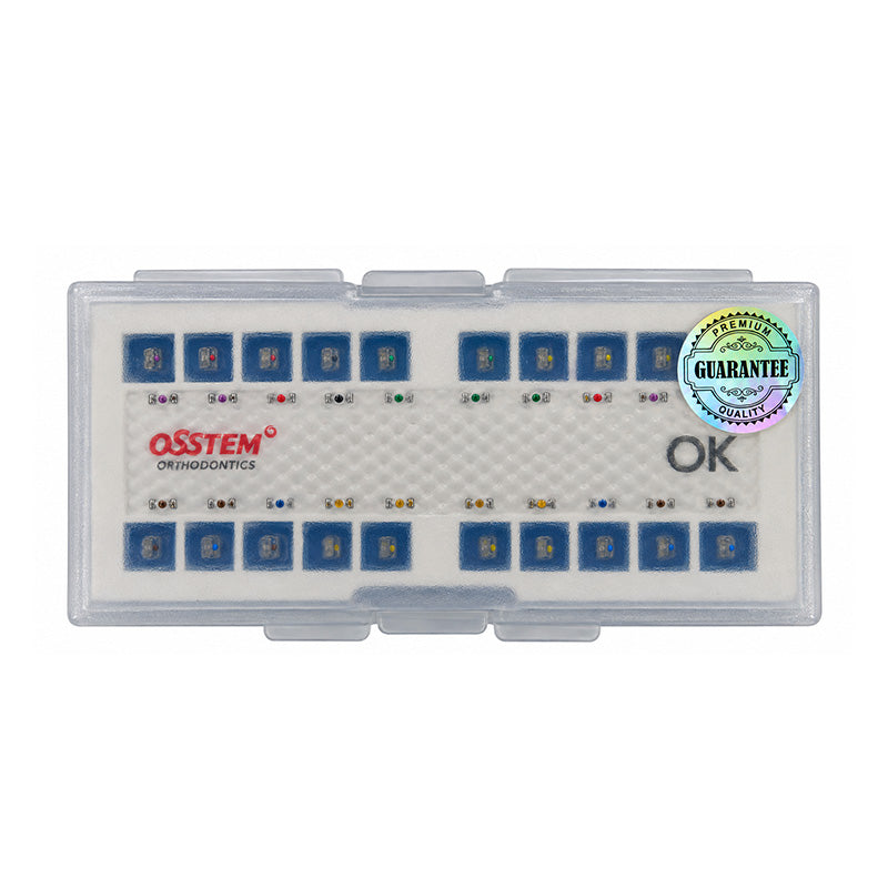 Osstem OK Real Resin aesthetic bracket with metal slot for orthodontic braces, designed for orthodontic treatment.
