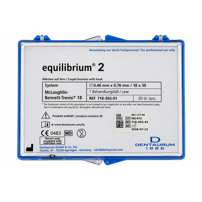 Dentaurum Equilibrium metal orthodontic brackets for Roth and MBT systems, standard and mini sizes, used in dental braces.