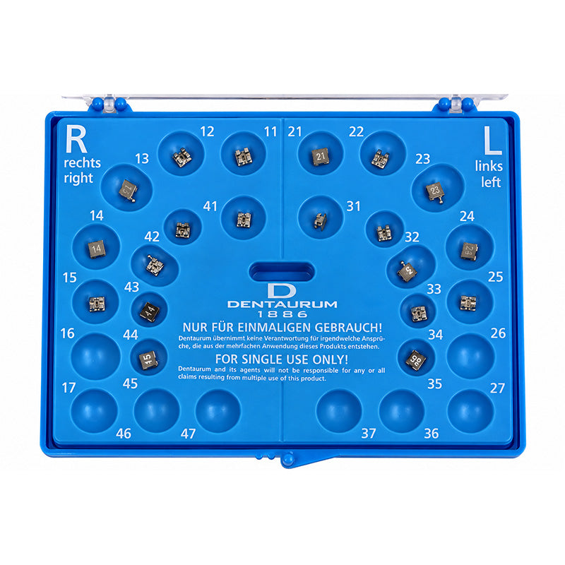 Dentaurum Orthodontics Equilibrium metal brackets for Roth and MBT systems, including standard and mini sizes, mounted on a dental model.