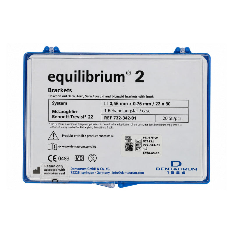 Dentaurum Equilibrium metal orthodontic brackets, Roth and MBT styles, standard and mini sizes for braces treatment.