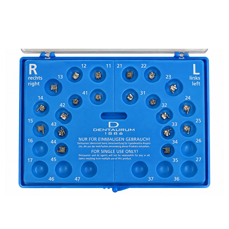 Dentaurum Orthodontics Equilibrium metal brackets for Roth and MBT, standard and mini sizes, used in orthodontic treatment.