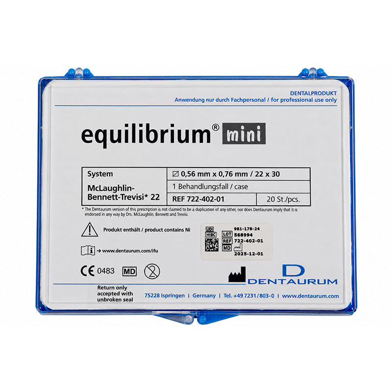 Dentaurum Orthodontics Equilibrium metal brackets for Roth and MBT systems, including standard and mini sizes, on a white background.