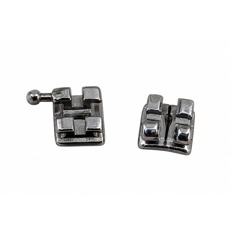 Dentaurum Equilibrium metal orthodontic brackets for Roth and MBT systems, standard and mini sizes on a display.