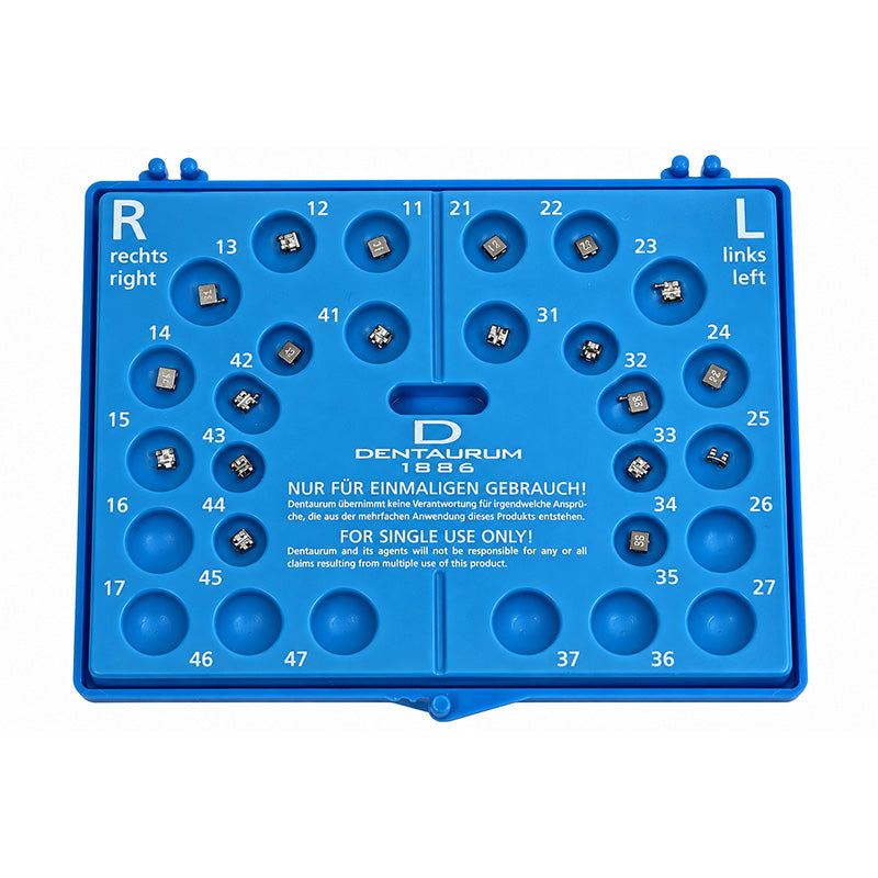 Dentaurum Equilibrium metal brackets for orthodontics, Roth and MBT styles, including standard and mini sizes, on a white background.