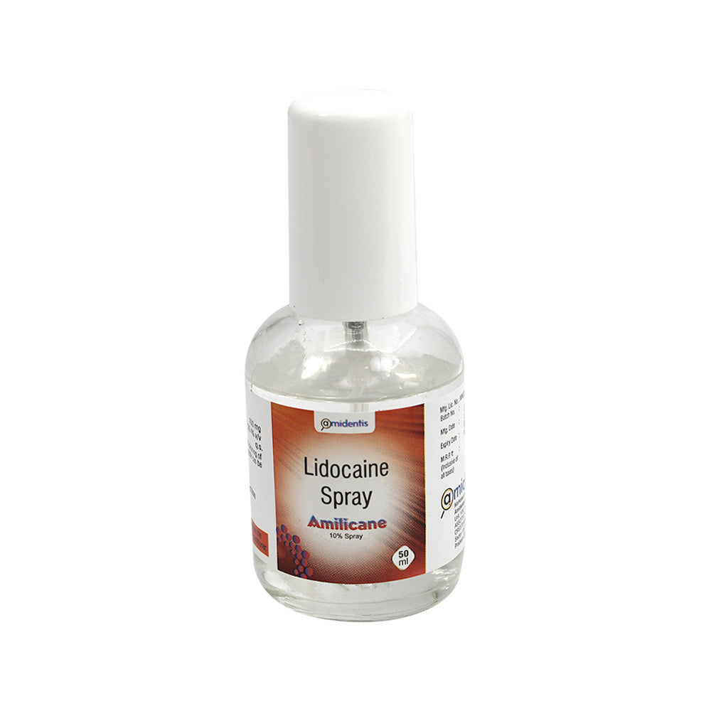 Amidentis Amilicane 10% Lidocaine IP 100 mg dental anesthetic spray for local topical numbing and oral pain relief.