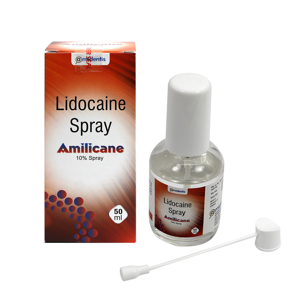 Amidentis Amilicane 10% Lidocaine IP dental topical anesthetic spray bottle with nozzle for oral numbing.