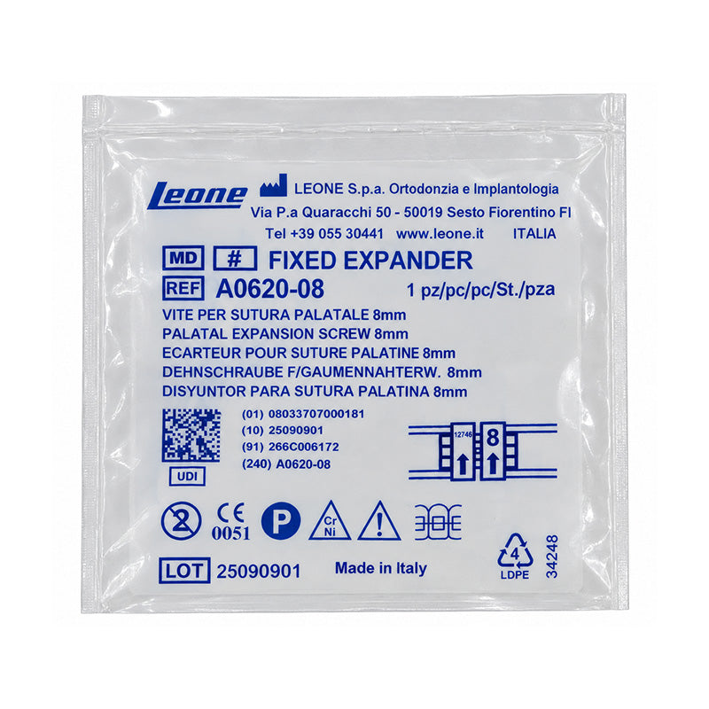 Leone Hyrex Rapid Expander Screw, a dental orthodontic rapid expander device, shown in the image with metal components and adjustment mechanisms.