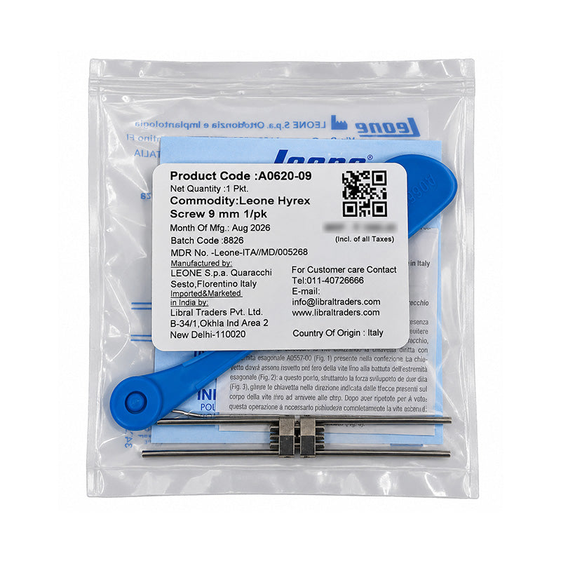 Leone Hyrex Rapid Expander Screw, a dental orthodontic appliance with metal parts and plastic components in a close-up view.