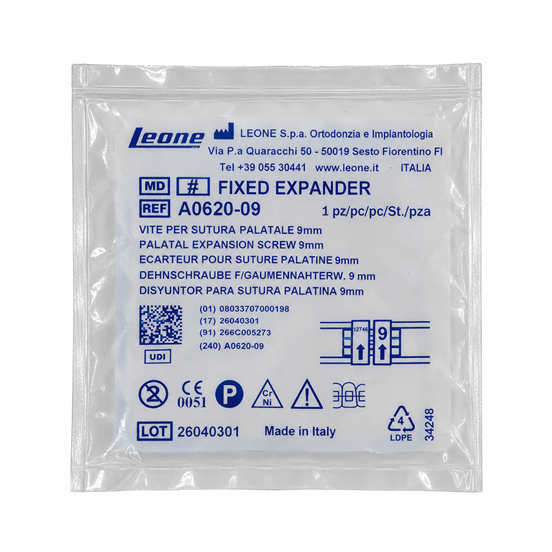 Leone Hyrex Rapid Expander Screw, dental orthodontic appliance, shown in close-up with metallic finish and detailed threading.