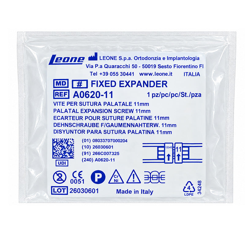 Leone Hyrex Rapid Expander Screw by Leone s.p.a, showing a close-up of the dental screw used for orthodontic expansion.