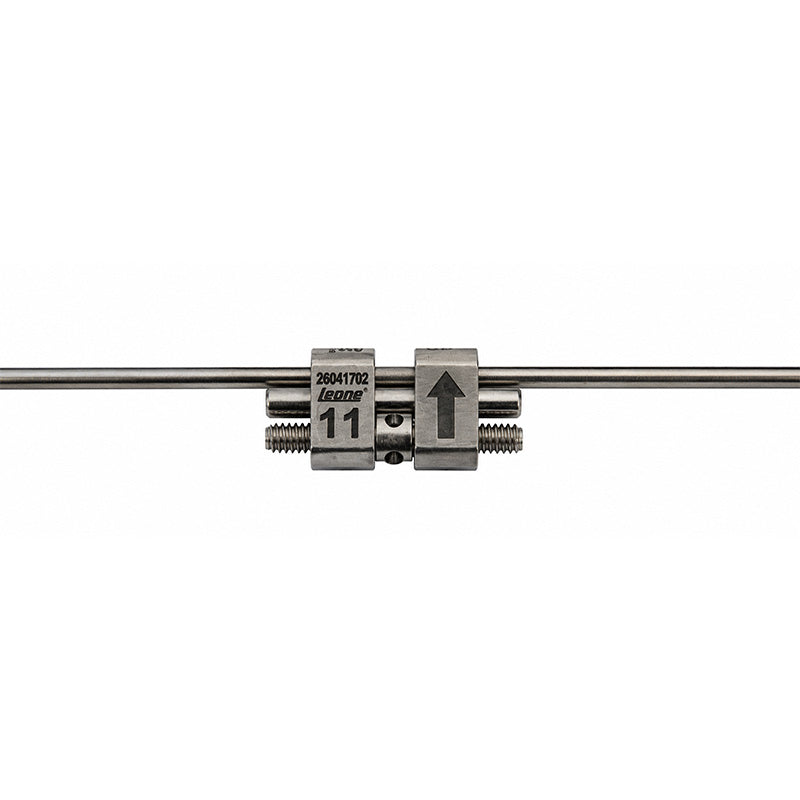 Leone Hyrex Rapid Expander Screw for orthodontic appliances, shown in close-up with detailed threading and metal construction.