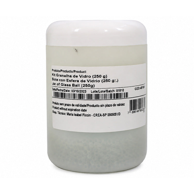 Bio-Art glass jar with dental laboratory balls, 250g, used for vacuum forming machines in dental lab applications.