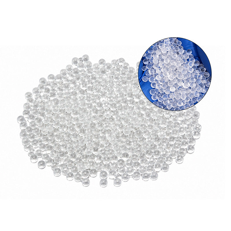 Bio-Art glass jar with 250g of dental laboratory balls for vacuum forming machines, shown in a lab setting.
