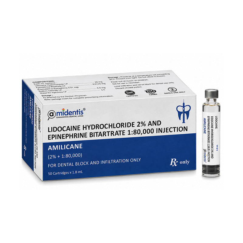 Amidentis Amilicane 2% Lidocaine dental anesthetic syringe showing the product packaging and applicator for dental procedures.