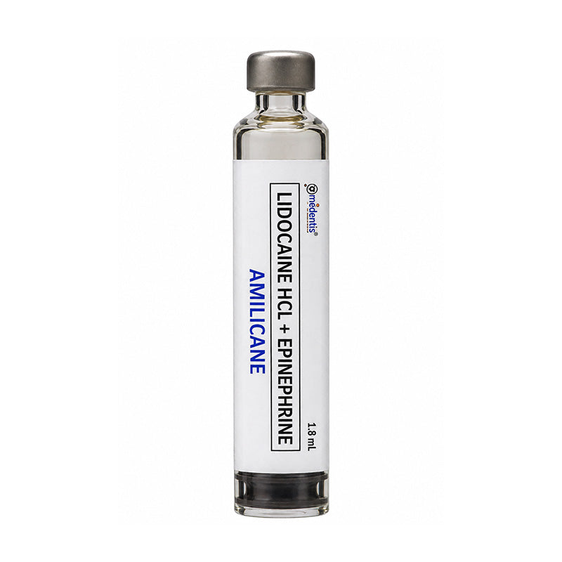 Amidentis Amilicane 2% Lidocaine dental anesthetic cartridge for local numbing and pain relief during dental procedures.