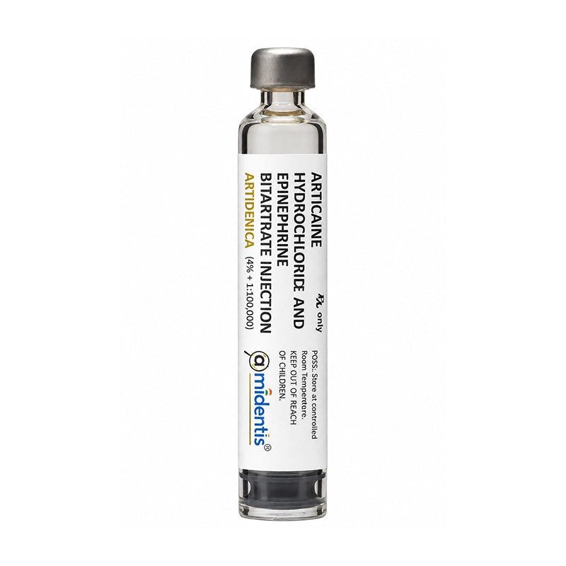 Amidentis Artidenica 4% Articaine dental anesthetic cartridge for local anesthesia in dental procedures.