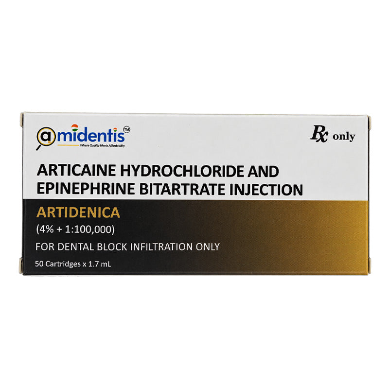 Amidentis Artidenica 4% Articaine dental anesthetic syringe ready for dental procedure, showing packaging and needle.