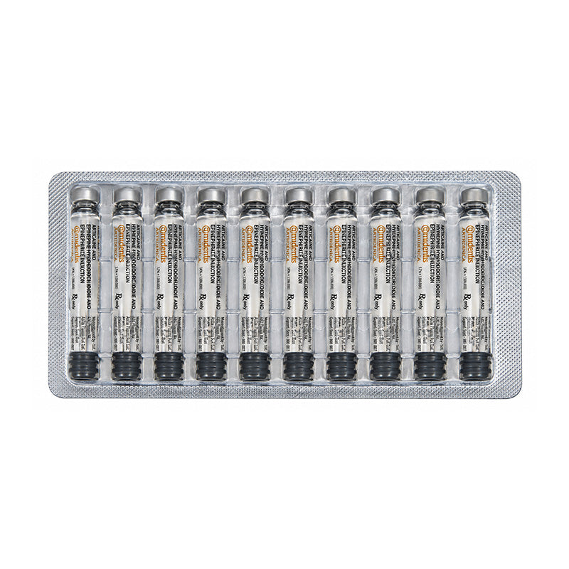 Amidentis Artidenica 4% Articaine dental anesthetic vial for dental procedures, with packaging and syringe preparation visible.