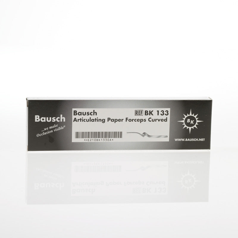Bausch articulating paper forceps curved, dental instrument used for handling articulating paper in dental procedures.