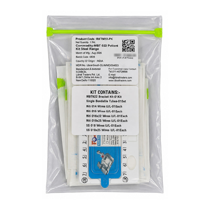 Libral Patient Kit for MBT 022 bracket kit with brackets, wires, and tubes arranged for orthodontic treatment.